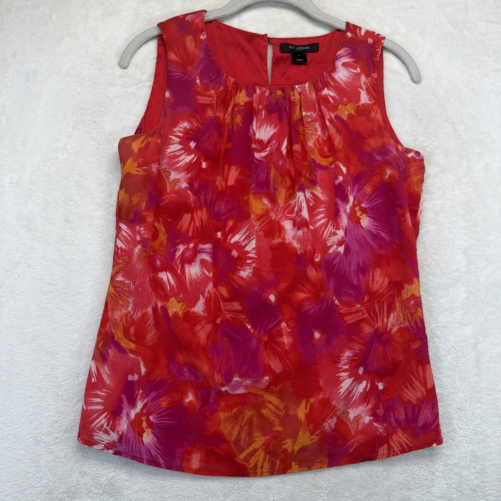 St John Silk Blouse Women's 2 Red Pink Floral Sleeveless Shell Top Luxury